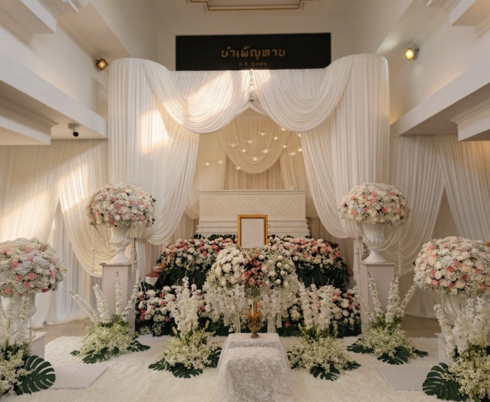บรรยากาศการจัดงานศพที่งดงาม ตกแต่งด้วยดอกไม้สดสีขาว-ชมพู โดยทีมงานมืออาชีพ สุริยาหีบศพ